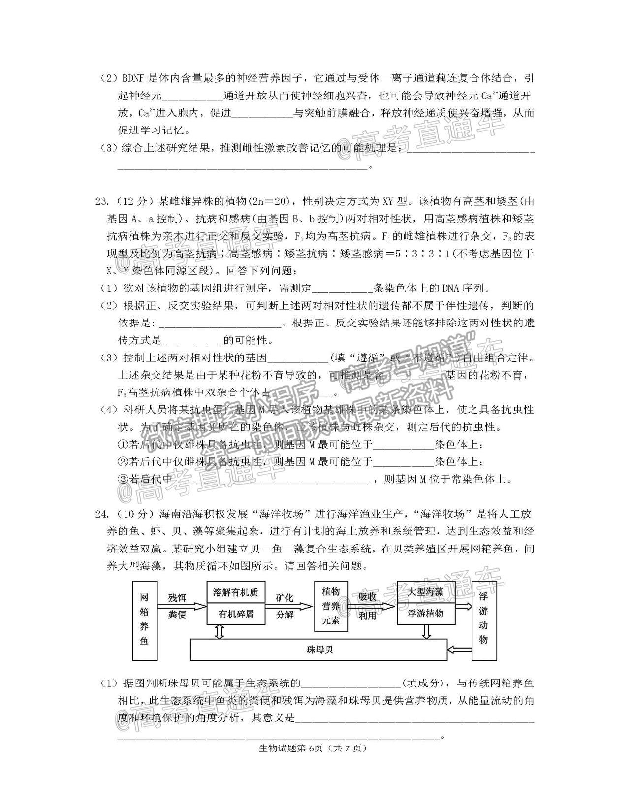 2021海口市高三調(diào)研測試生物試題及參考答案