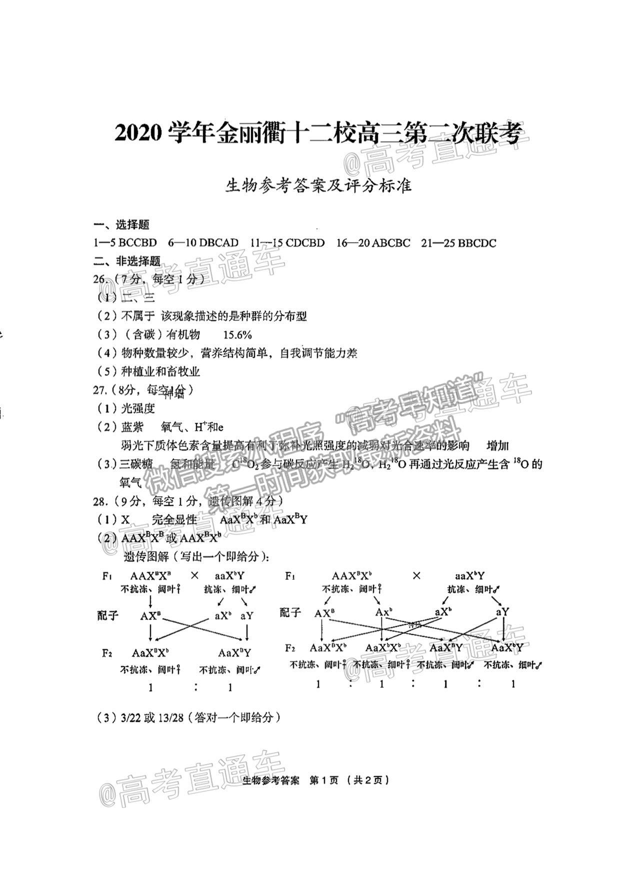 2021浙江金麗衢十二校高三第二次聯(lián)考生物試題及參考答案