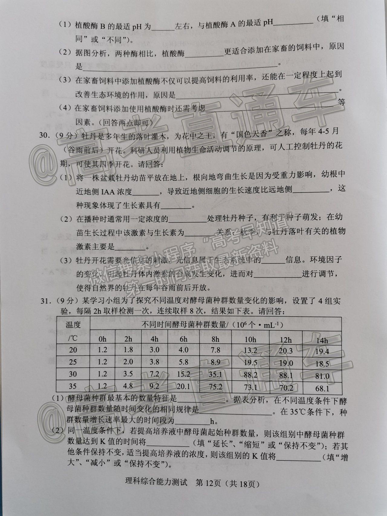 2021寧夏石嘴山高三下學(xué)期質(zhì)檢理綜試題及參考答案