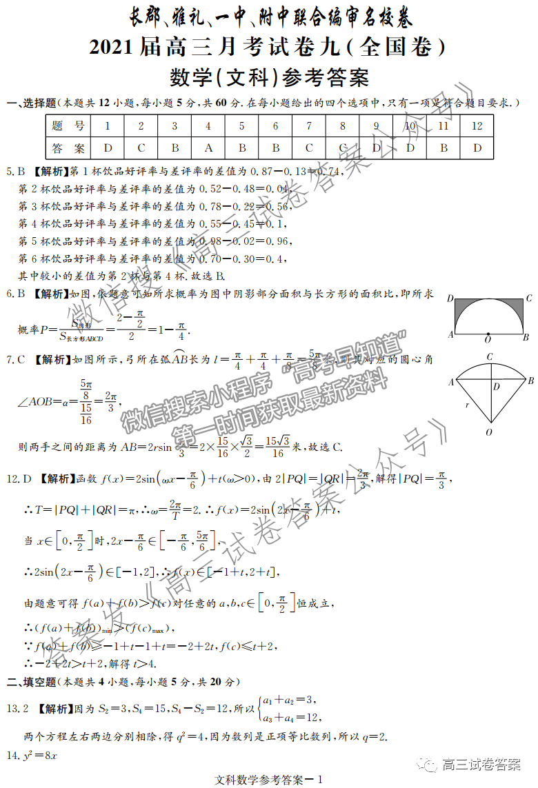 2021長(zhǎng)郡、雅禮、一中、附中聯(lián)合編審名校卷月考試卷九全國(guó)卷文數(shù)試題及參考答案