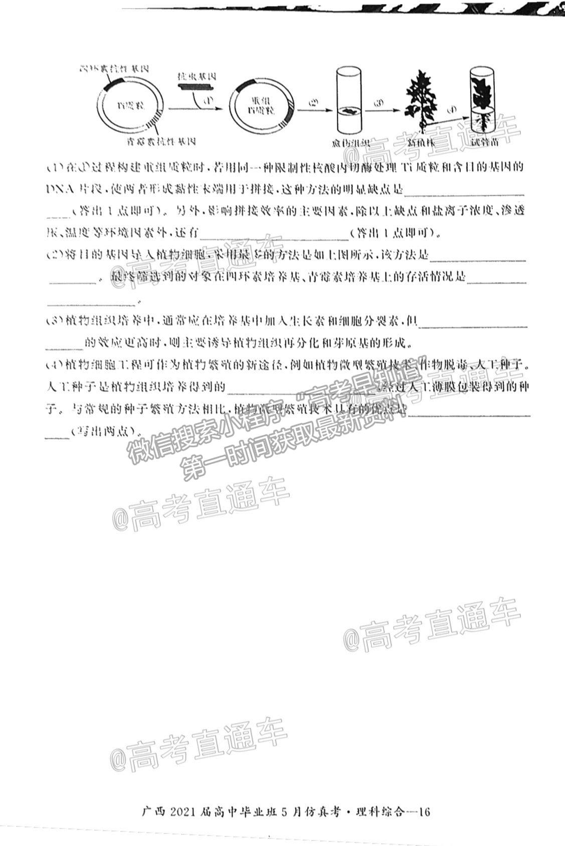 2021廣西畢業(yè)班5月仿真考理綜試題及參考答案