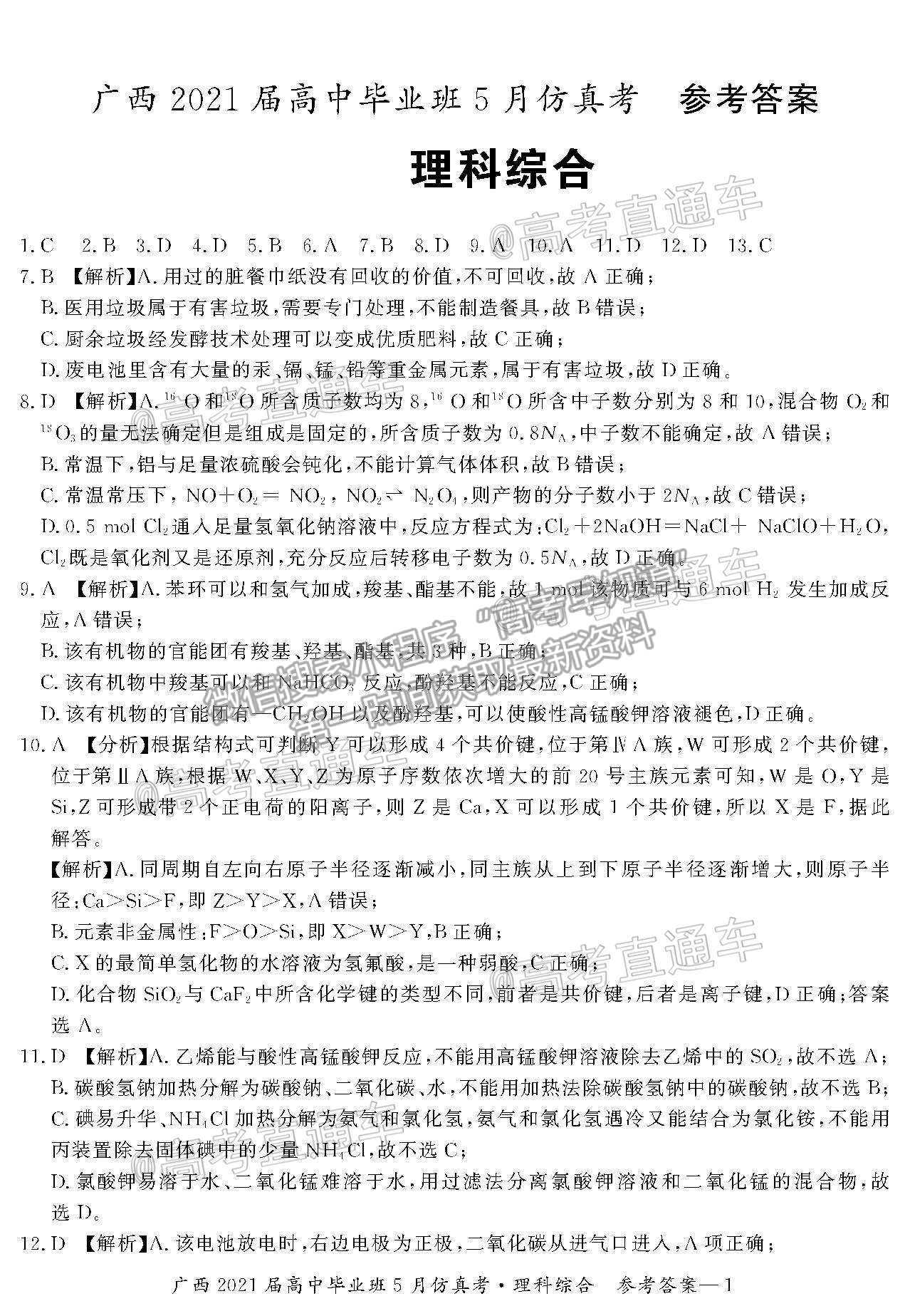 2021廣西畢業(yè)班5月仿真考理綜試題及參考答案