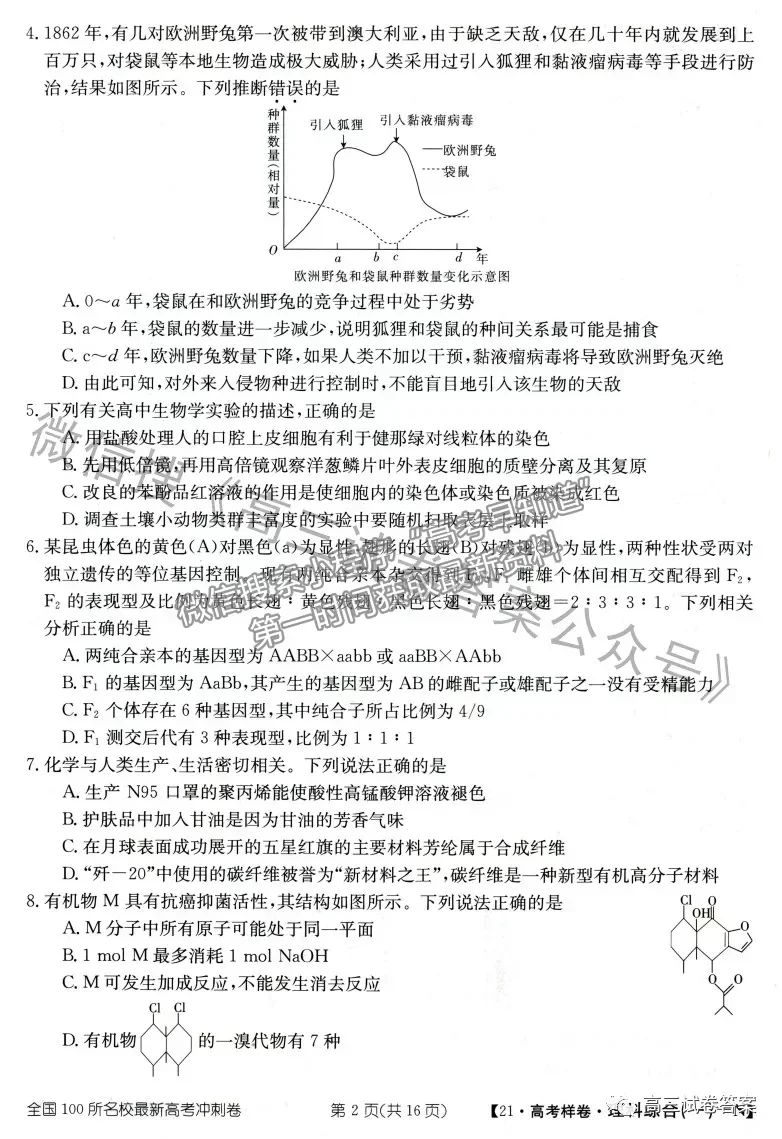 2021年普通高等學校招生全國統(tǒng)一考試高考樣卷理綜試題及參考答案