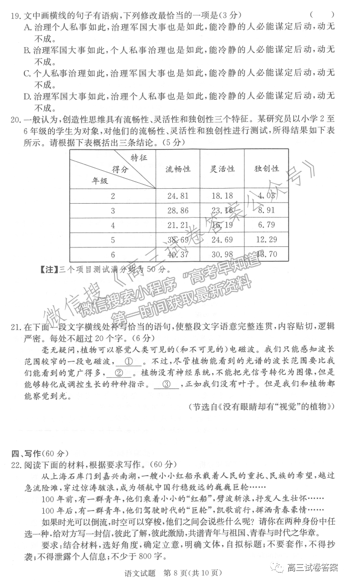 2021長郡、雅禮、一中、附中聯(lián)合編審名校卷月考試卷九全國卷語文試題及參考答案