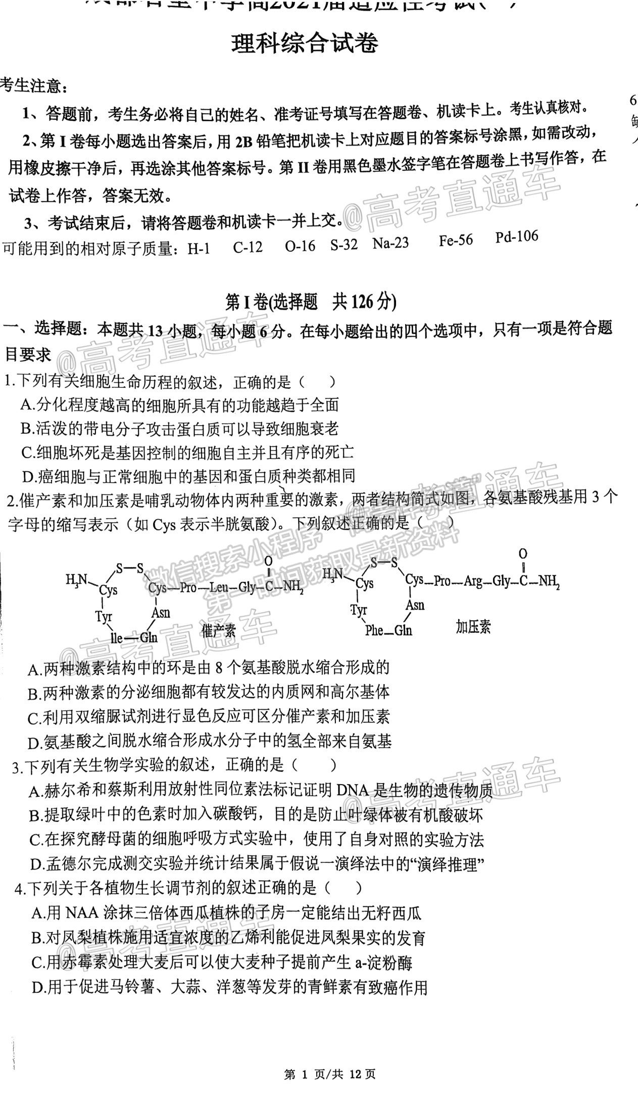 2021成都石室中學(xué)適應(yīng)性考試（一）理綜試題及參考答案