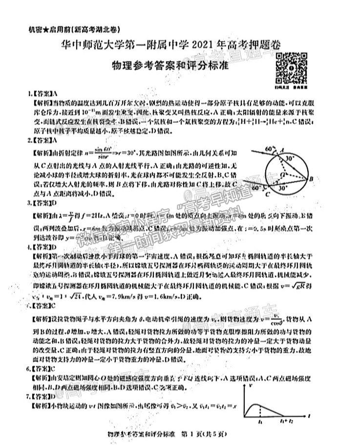 2021華大新高考聯盟高三名校押題卷新高考卷物理試題及參考答案