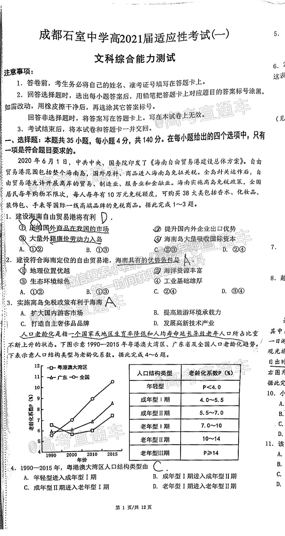 2021成都石室中學(xué)適應(yīng)性考試（一）文綜試題及參考答案