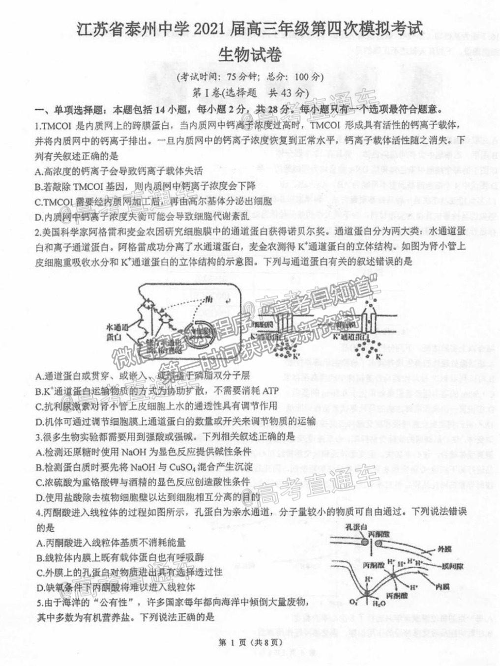 2021泰州高三聯考生物試題及參考答案