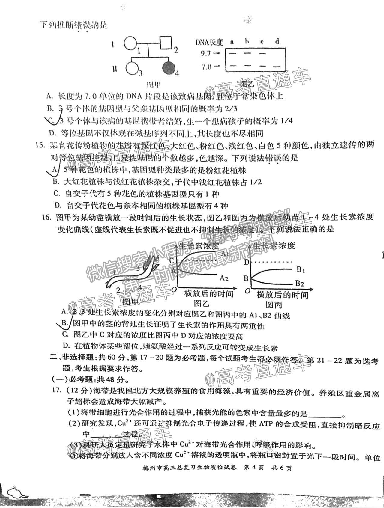 2021梅州二模生物試題及參考答案