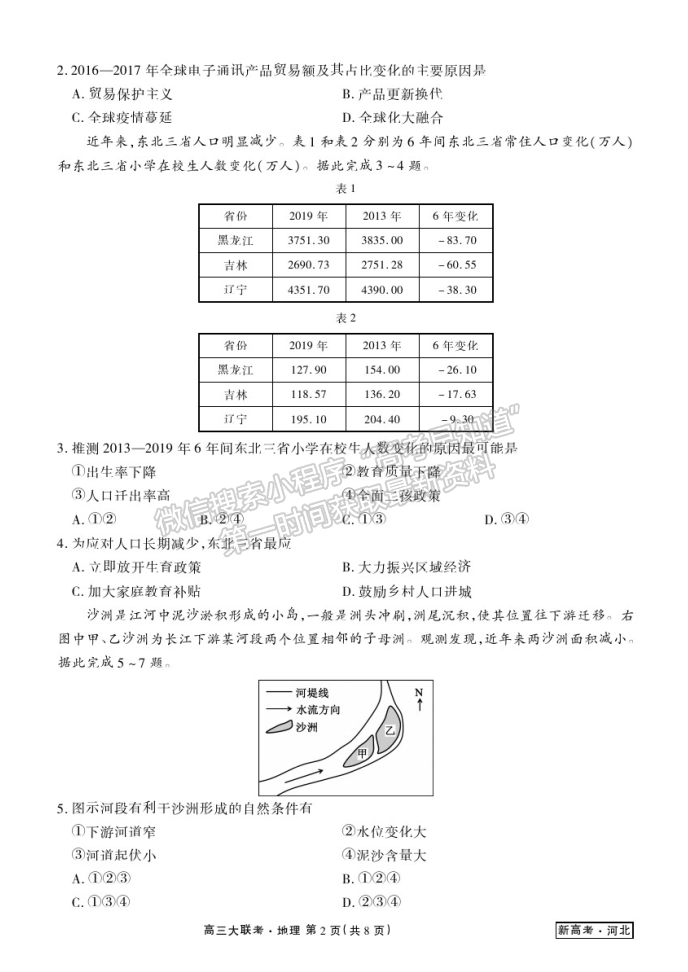 2021河北高三衛(wèi)冕聯(lián)考地理試題及參考答案