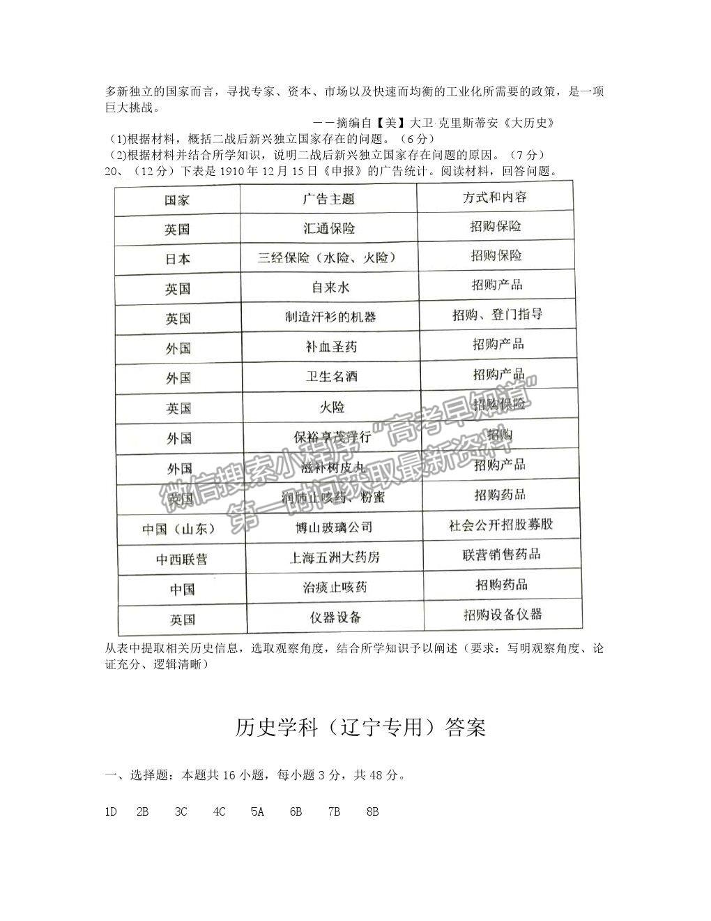 2021東北三省三校四模歷史試題及參考答案