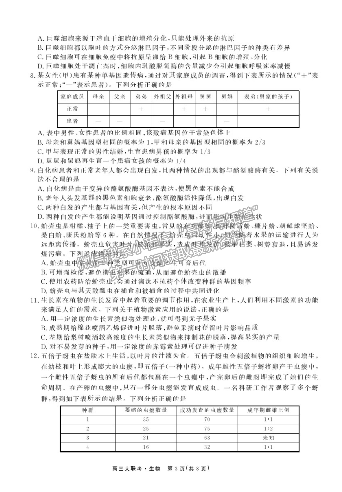 2021河北高三衛(wèi)冕聯(lián)考生物試題及參考答案