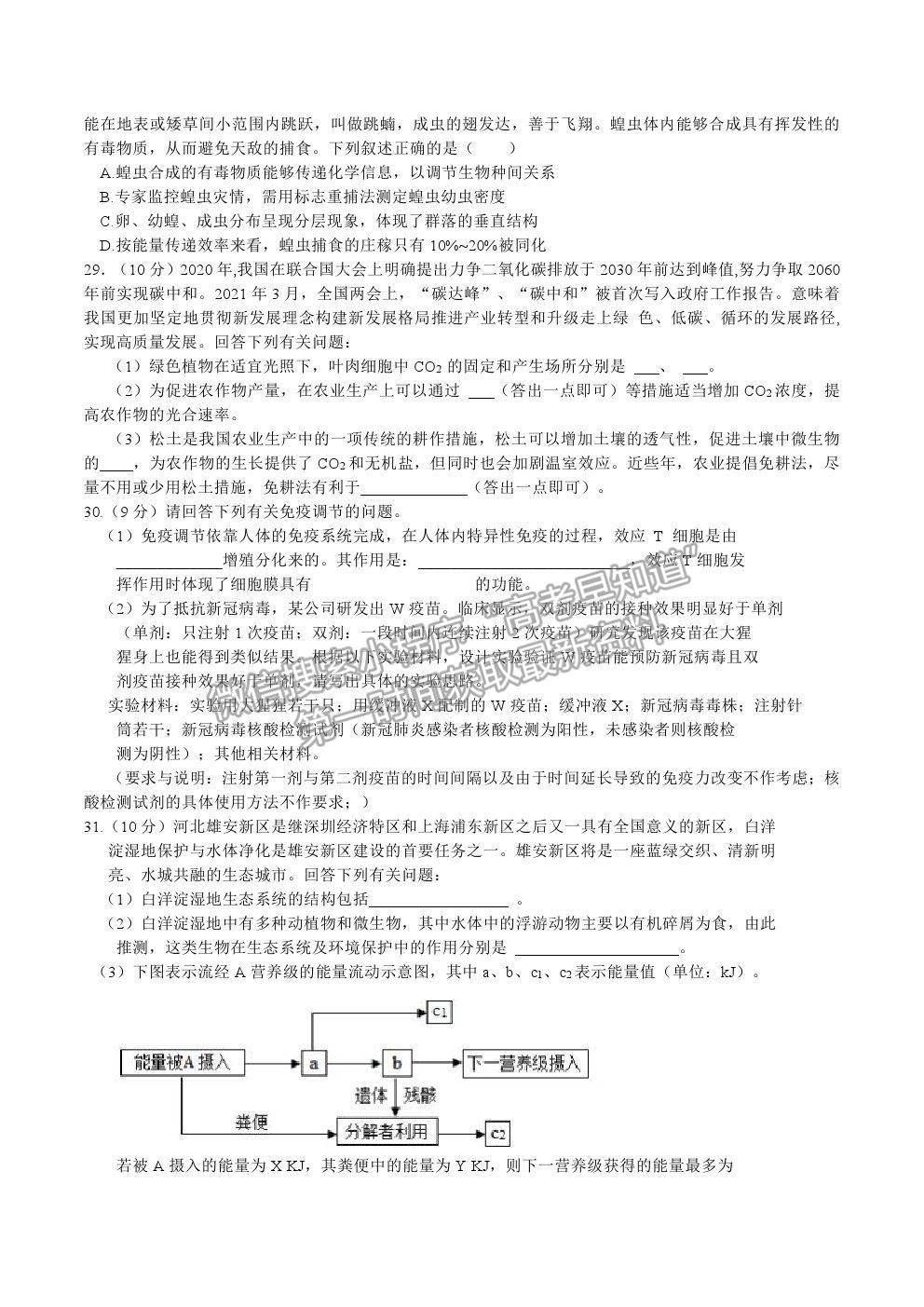 2021安徽師范大學附屬中學高三5月最后一卷理綜生物試題及參考答案