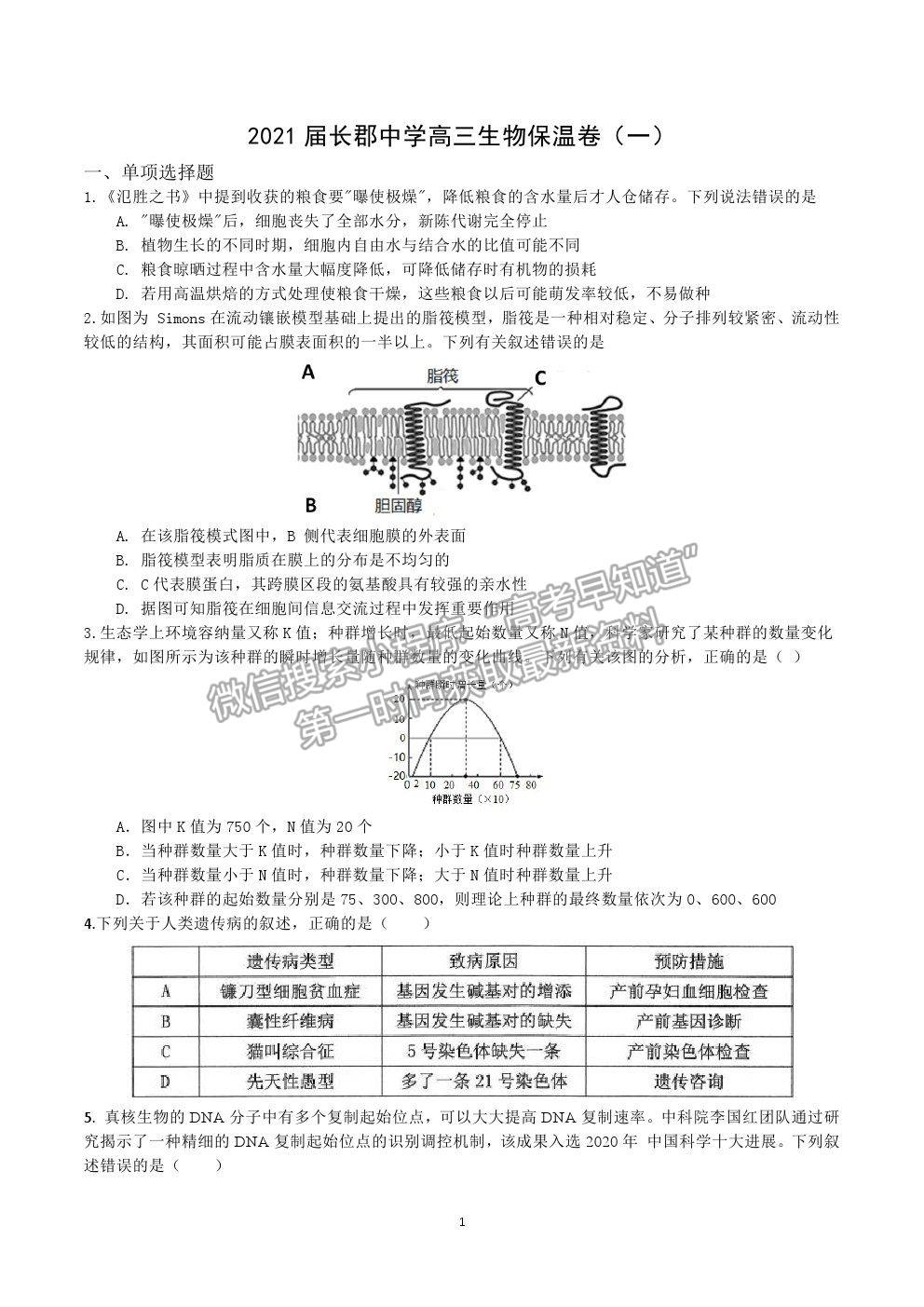 2021長沙長郡中學(xué)高三保溫卷（一）生物試題及答案