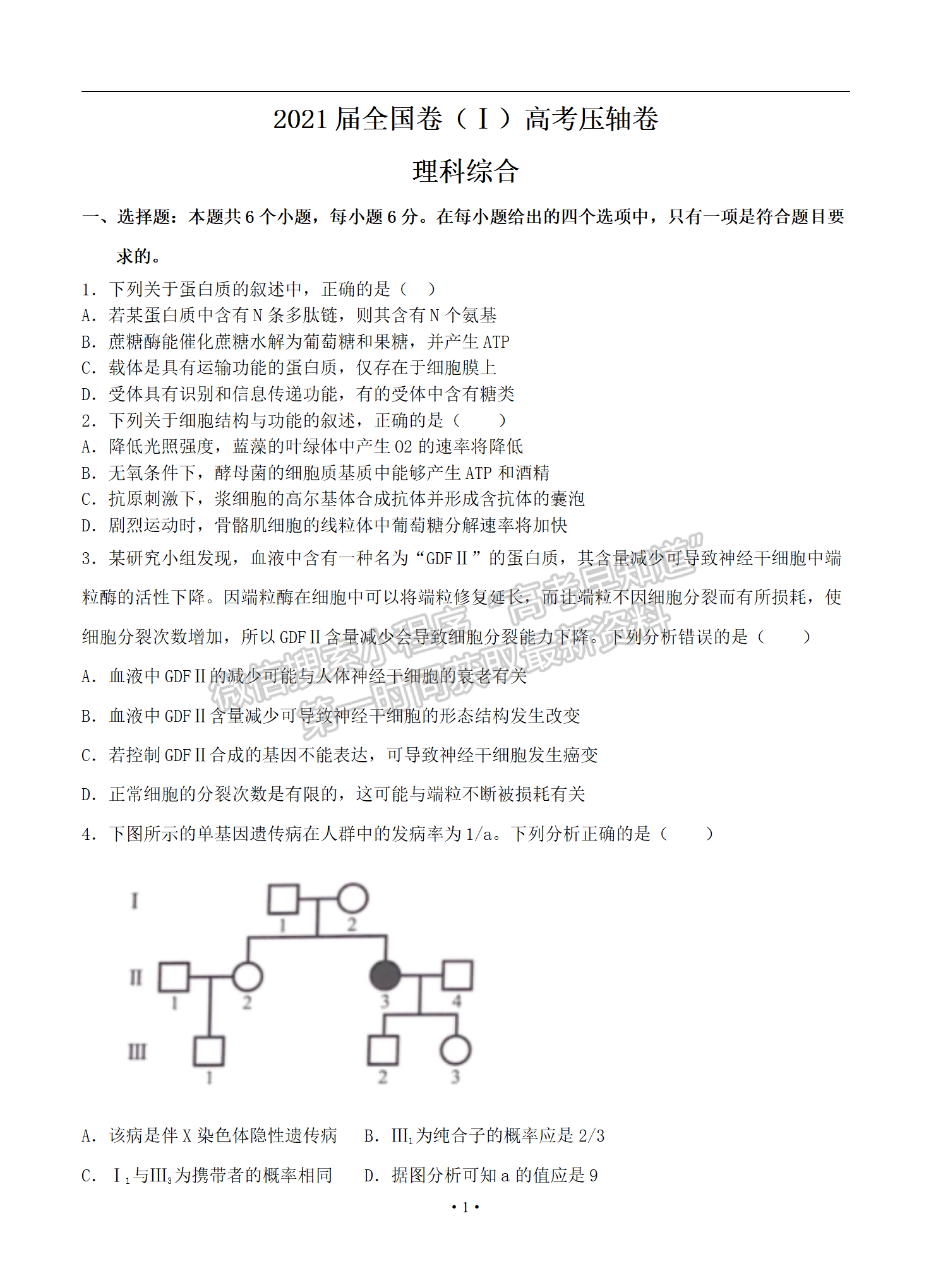 2021屆全國卷Ⅰ高考?jí)狠S卷 理綜