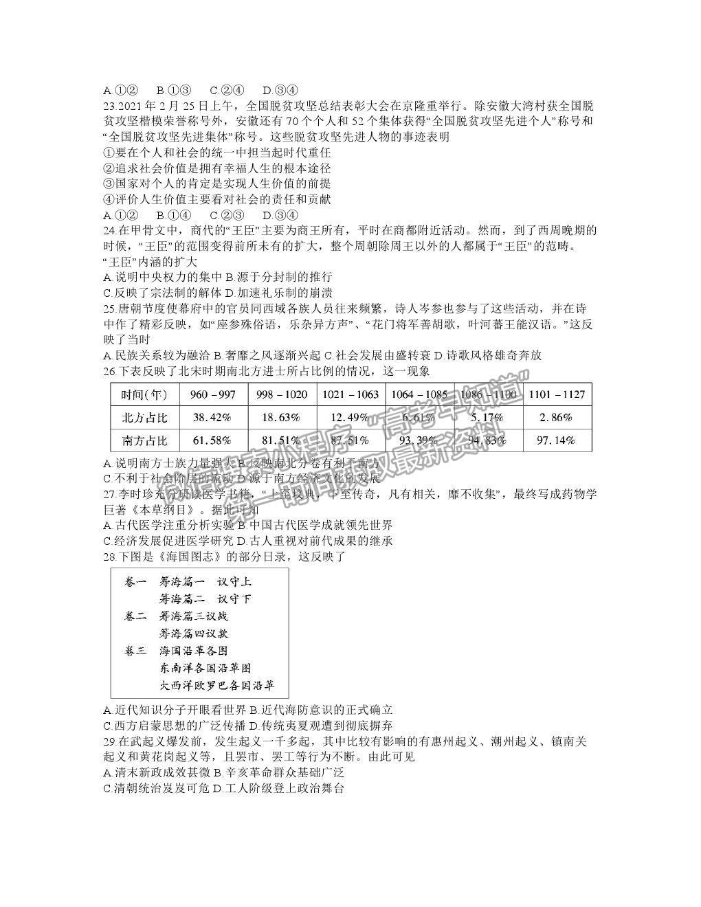 2021合肥市一六八中學(xué)高三5月最后一卷文綜試題及答案