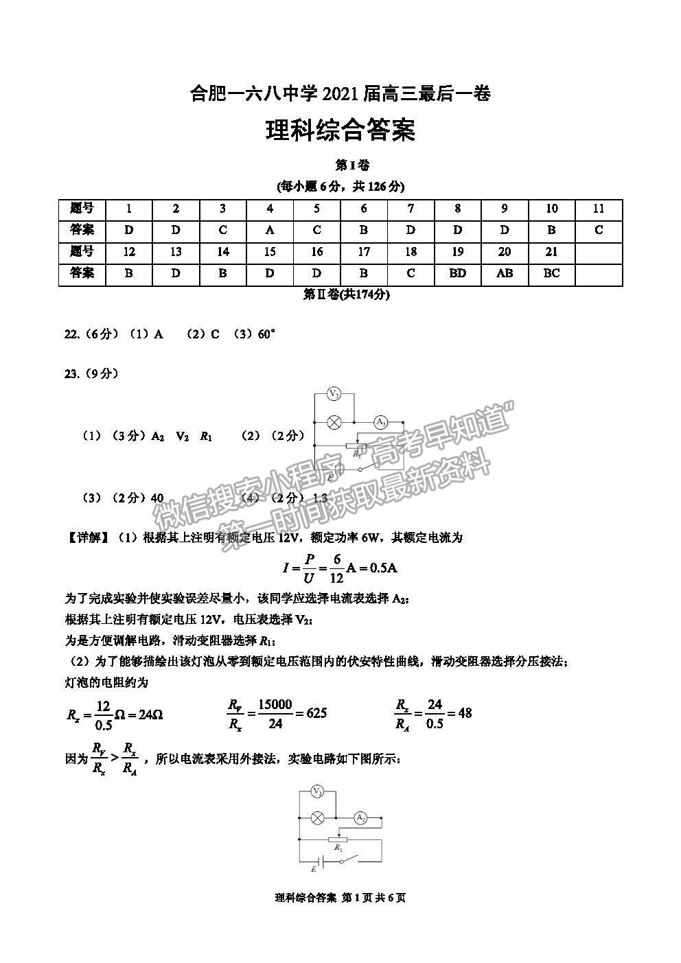 2021合肥市一六八中學高三5月最后一卷理綜試題及答案