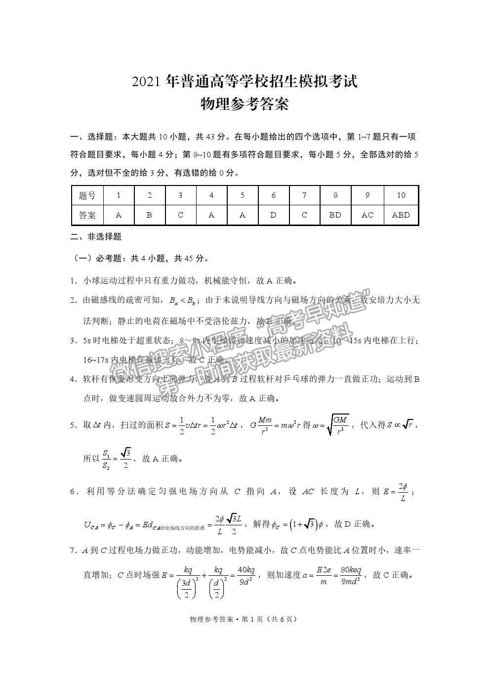 2021重慶八中普通高等學校招生模擬考試（八）物理試題及參考答案