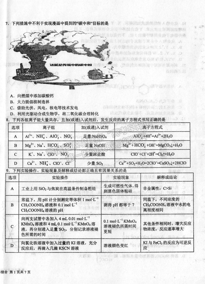 2021成都樹德中學高考適應性考試理綜試題及答案