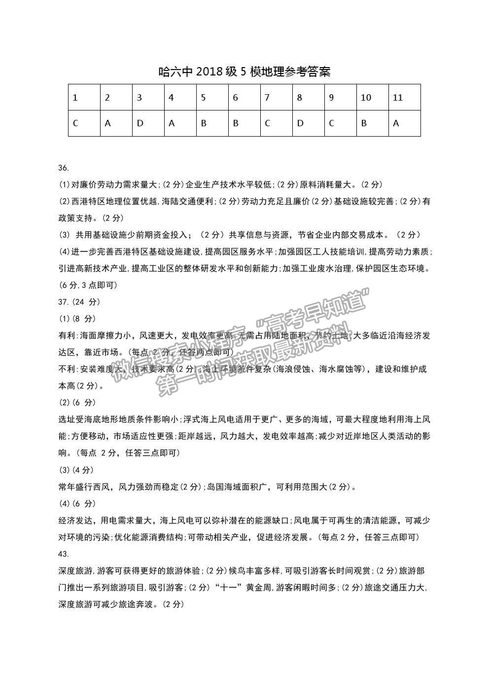 2021哈爾濱六中高三五模文綜試題及參考答案