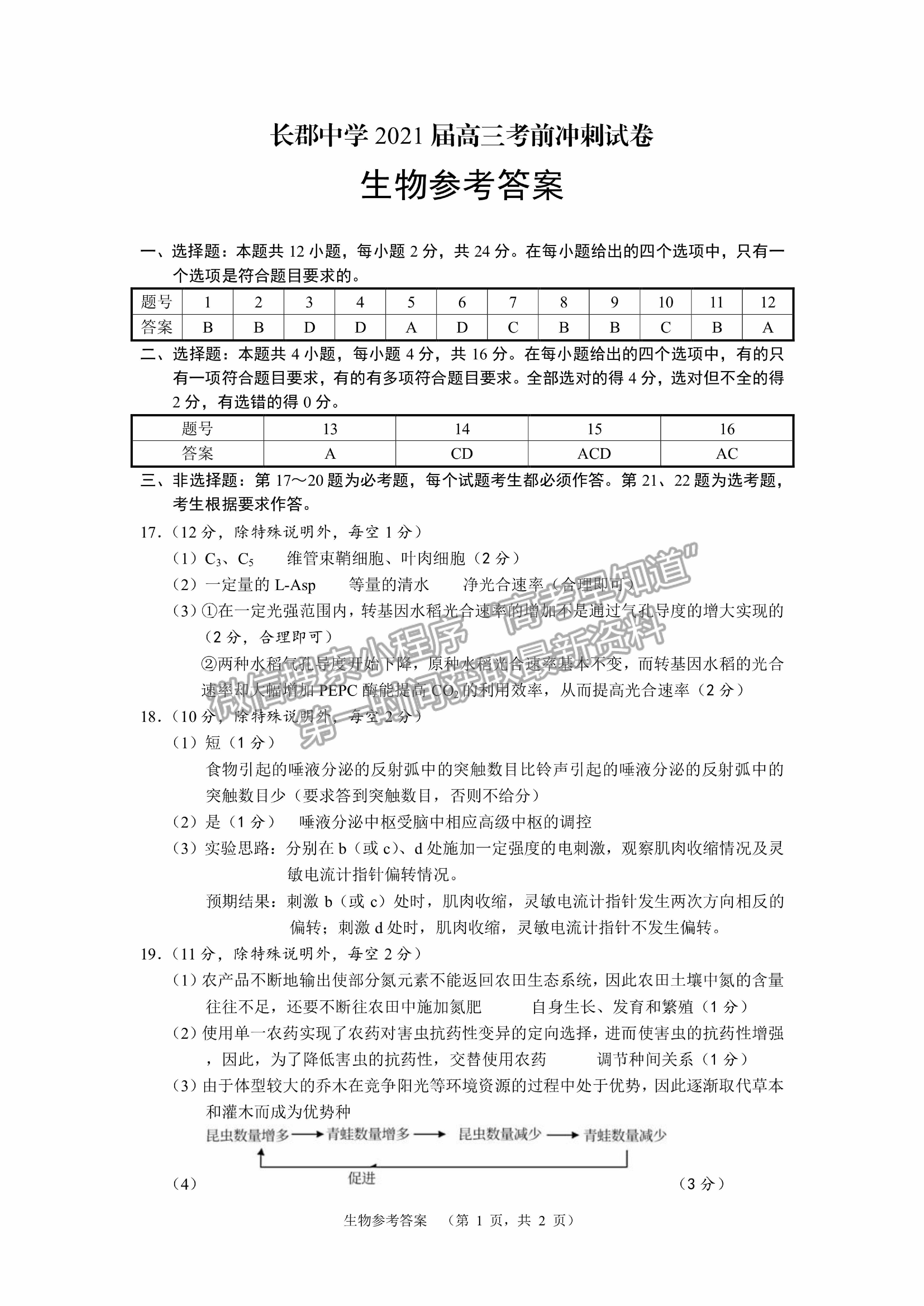 2021長沙長郡中學高三考前沖刺卷生物試題及參考答案