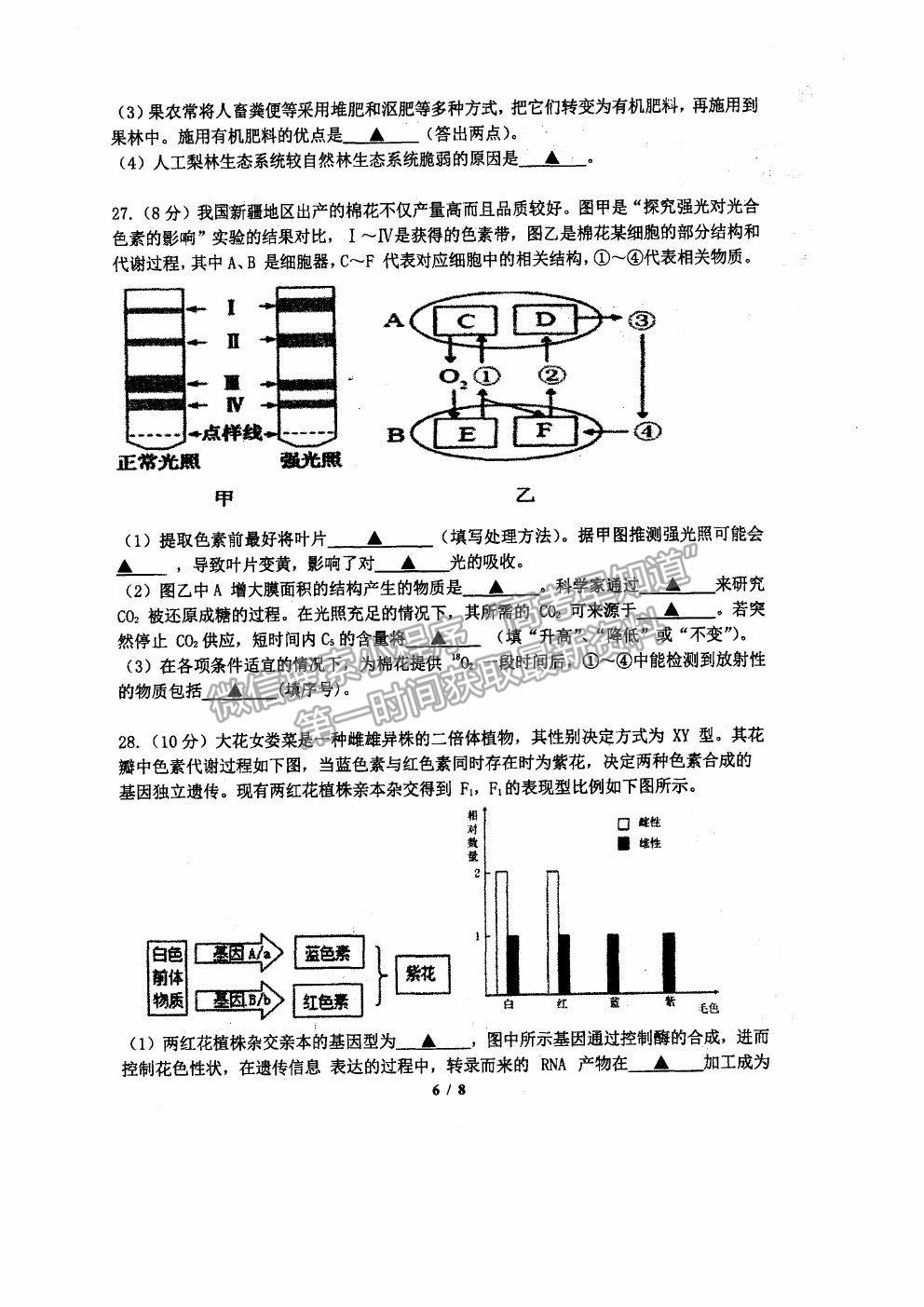 2021杭州二中高三下學(xué)期最后一次熱身考試生物試題及參考答案