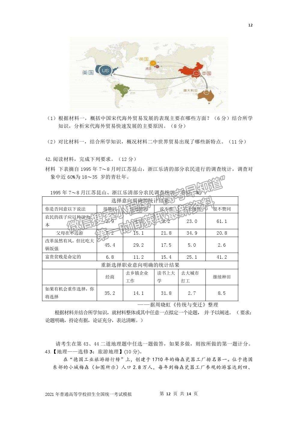 2021宜春市奉新一中高三模擬考試文綜試題及參考答案