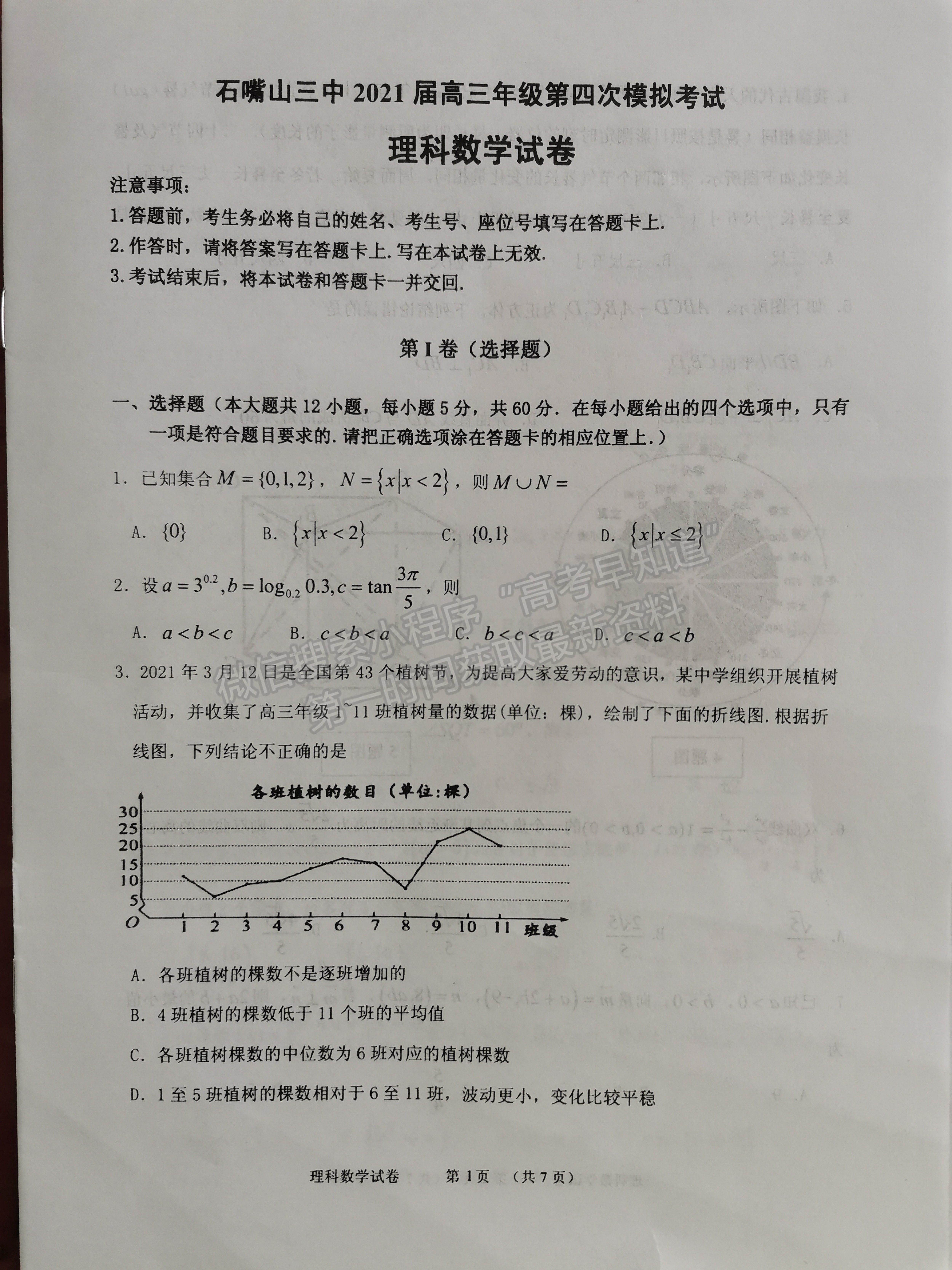 2021寧夏石嘴山三中高三四模理數(shù)試題及參考答案