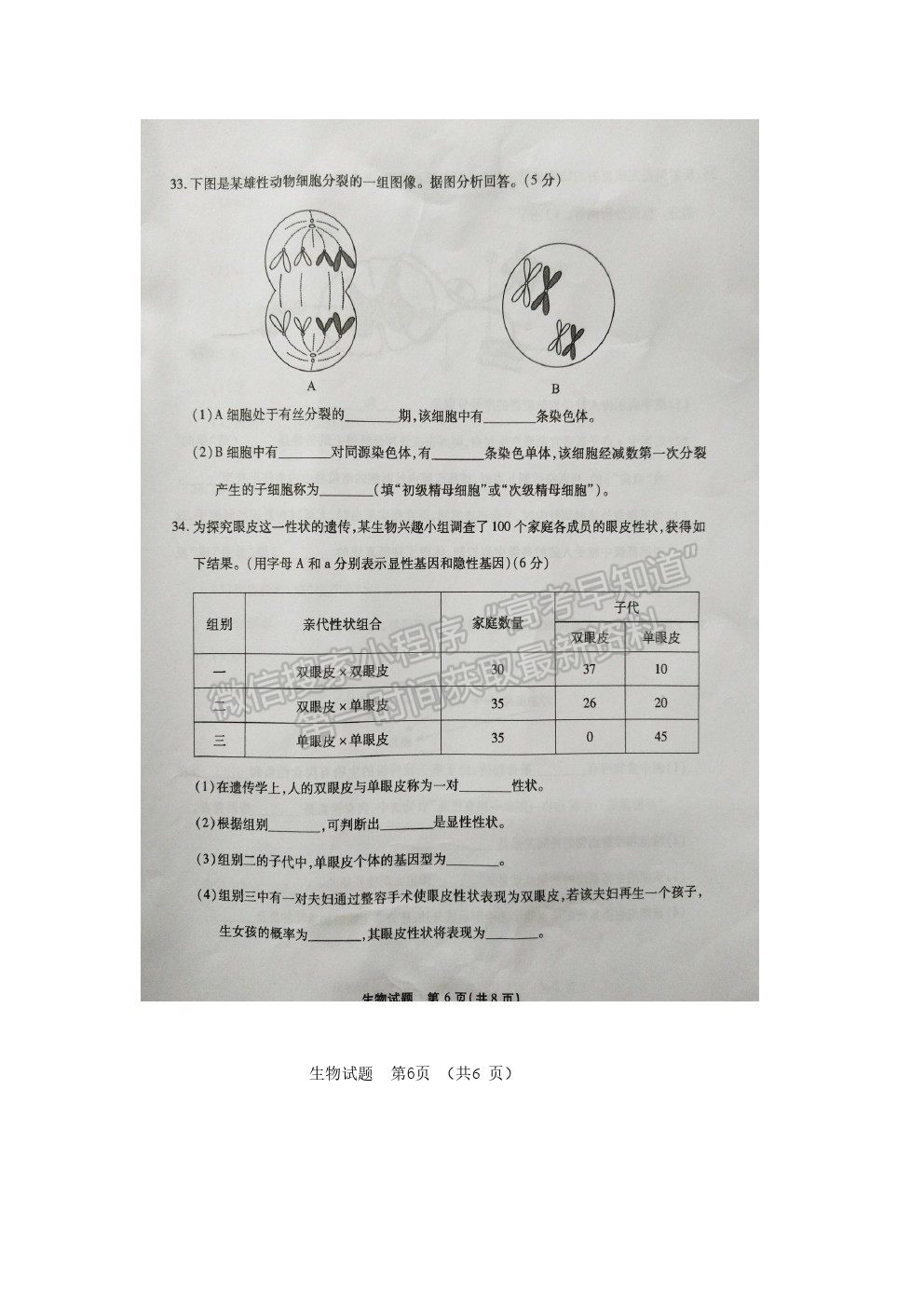 2019年6月福建省高中学业水平合格性考试生物试题及参考答案