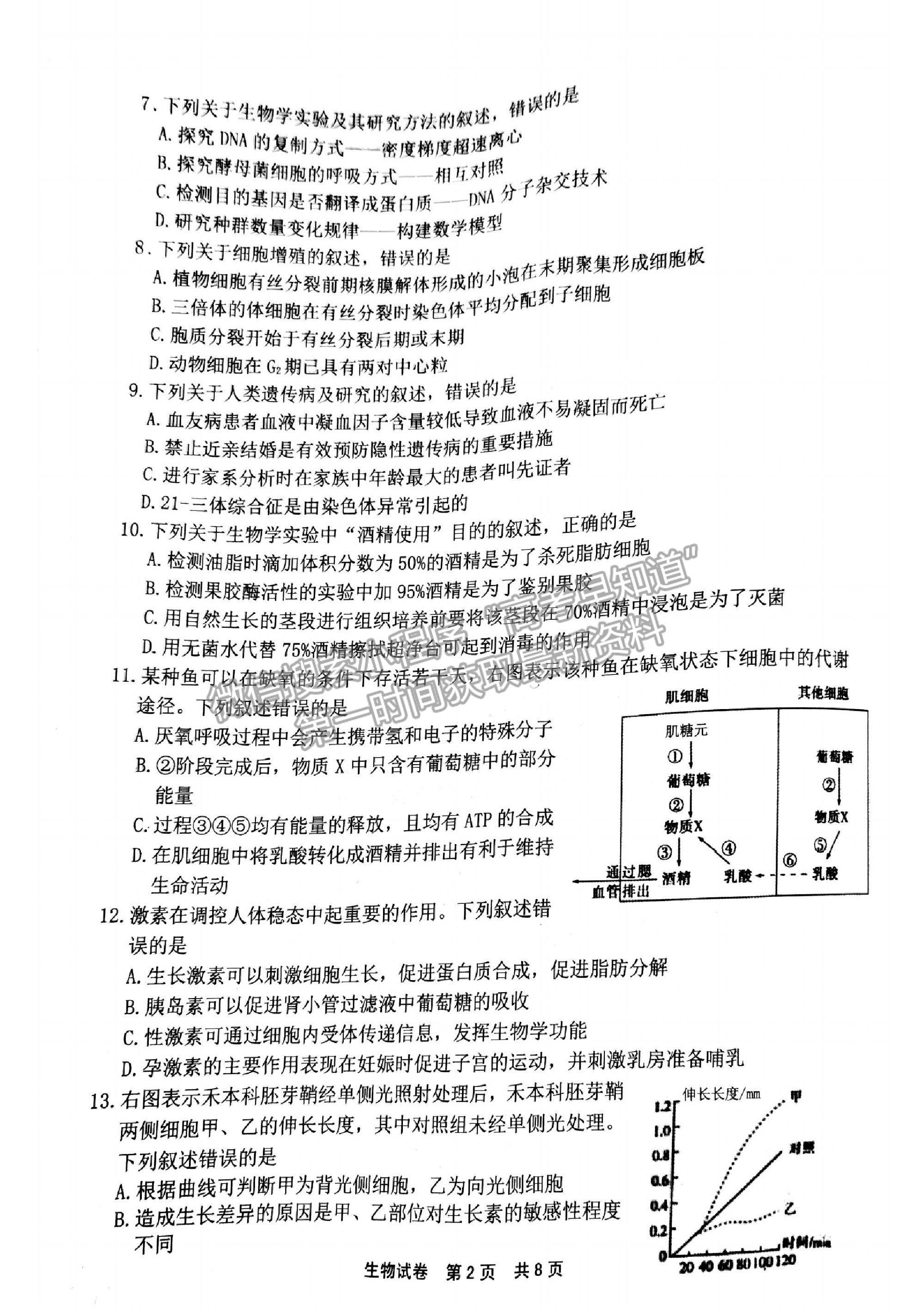 2021浙江省寧波市高三二模生物試卷及參考答案