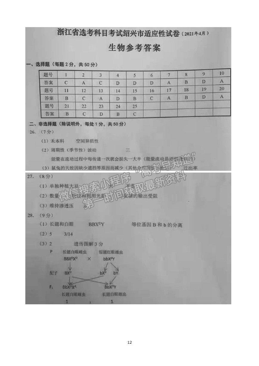 2021浙江省紹興市高三4月適應(yīng)性考試（二模）生物試卷及參考答案