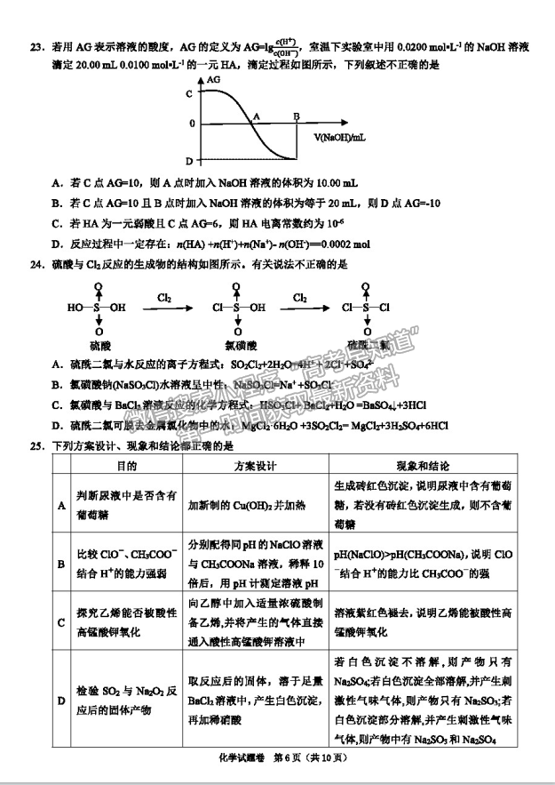 2021浙江省紹興市高三4月適應性考試（二模）化學試卷及參考答案