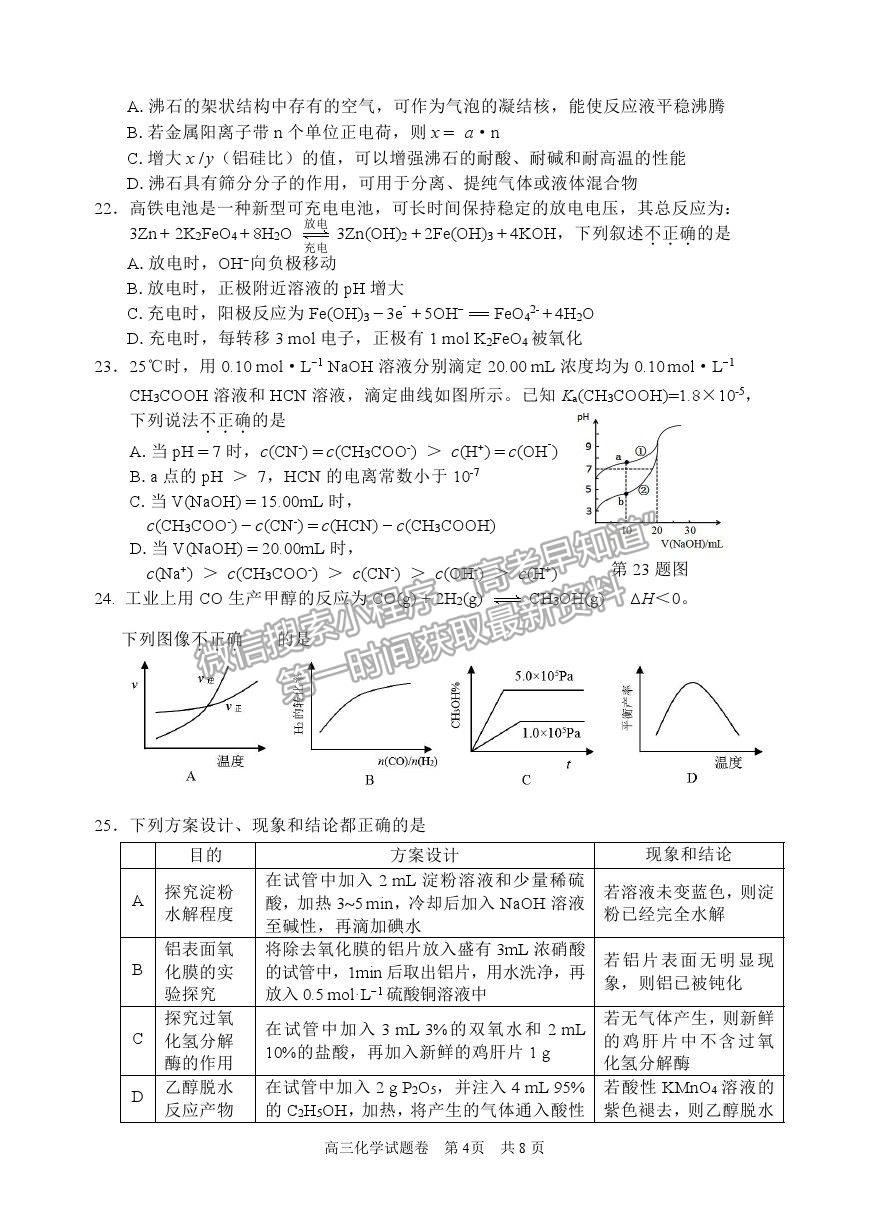 2021浙江省麗水、湖州、衢州高三4月教學(xué)質(zhì)量檢測(cè)（二模）化學(xué)試卷及參考答案