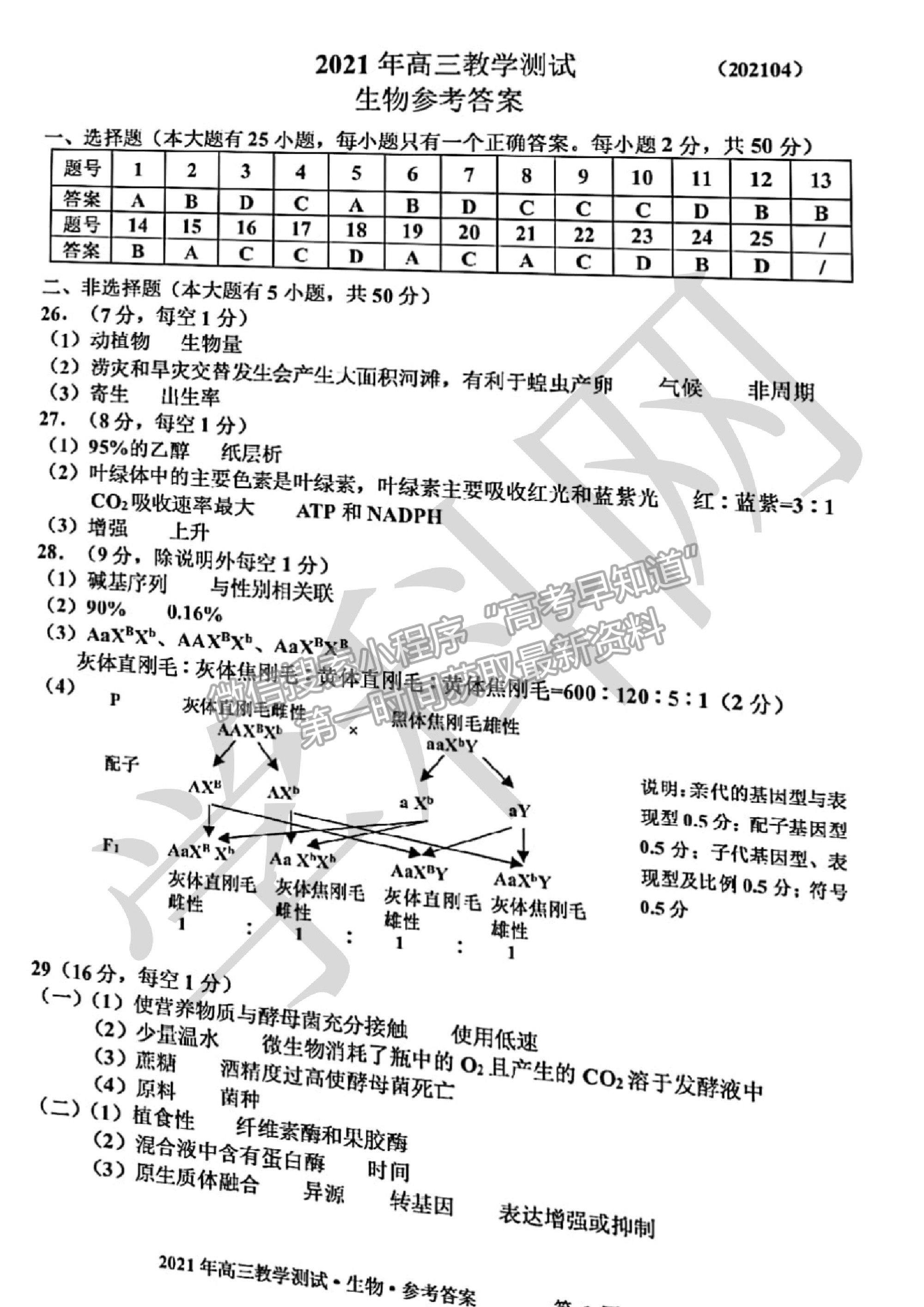 2021浙江省嘉興市高三4月教學(xué)測試（二模）生物試卷及參考答案