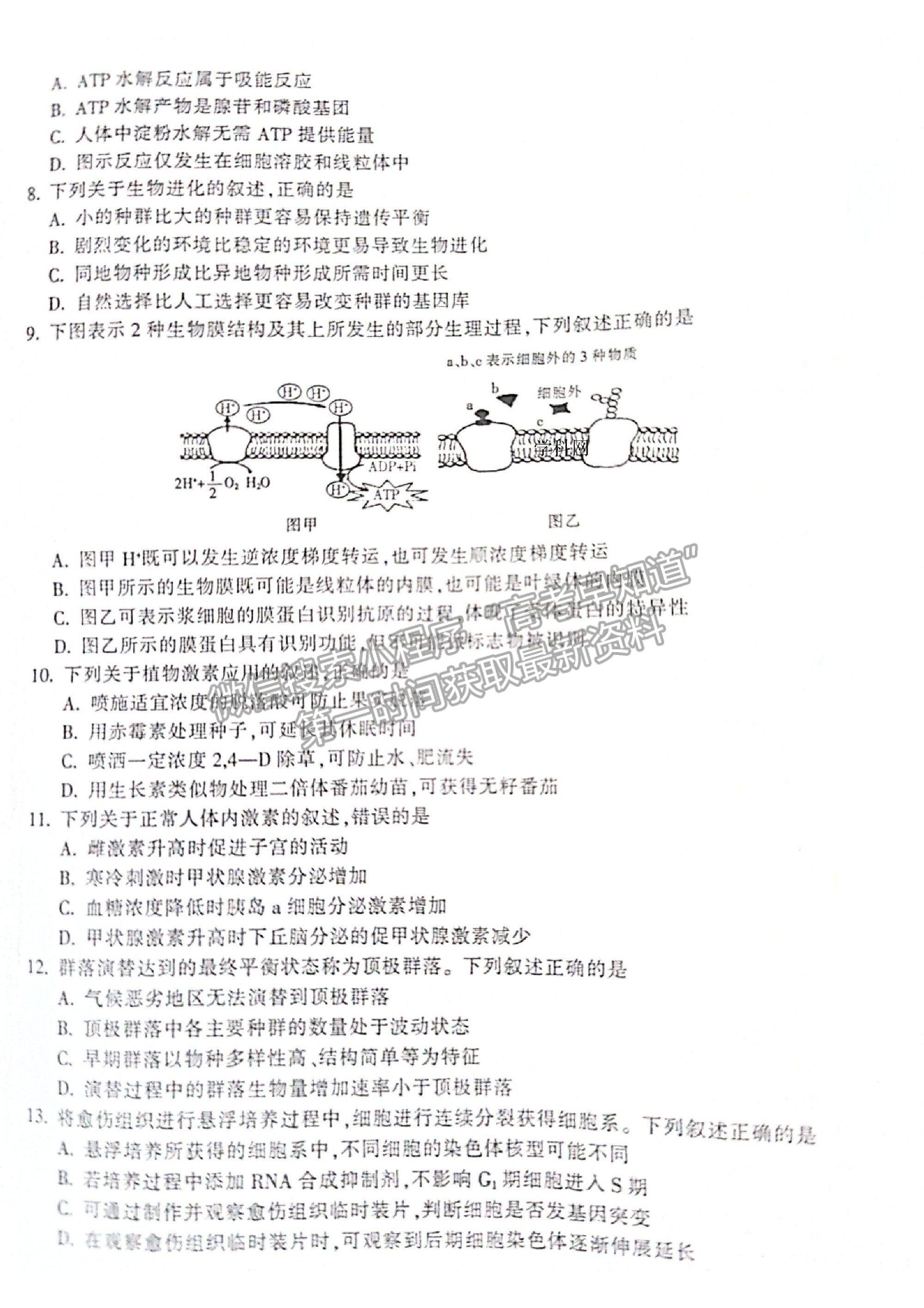 2021浙江省金華十校高三4月模擬考試生物試卷及參考答案