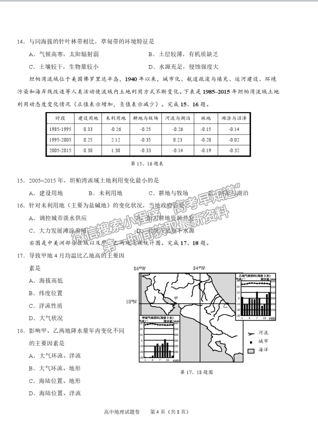 2021浙江省紹興市高三4月適應性考試（二模）地理試卷及參考答案