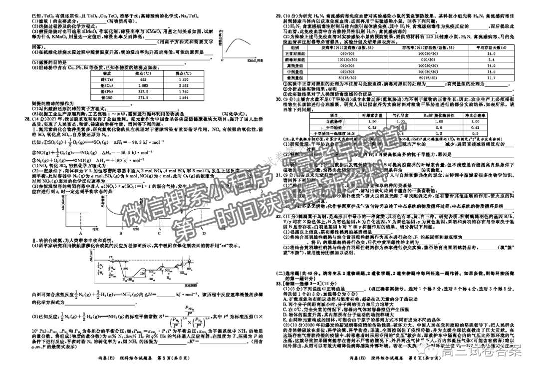 2021超級(jí)全能生高考全國卷地區(qū)5月聯(lián)考丙卷理綜試題及參考答案