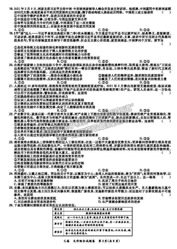 2021超級(jí)全能生全國(guó)卷高三4月聯(lián)考乙卷文綜試題及答案