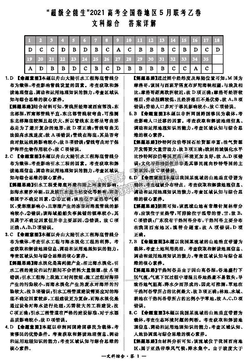 2021超級全能生全國卷高三5月聯(lián)考乙卷文綜試題及答案