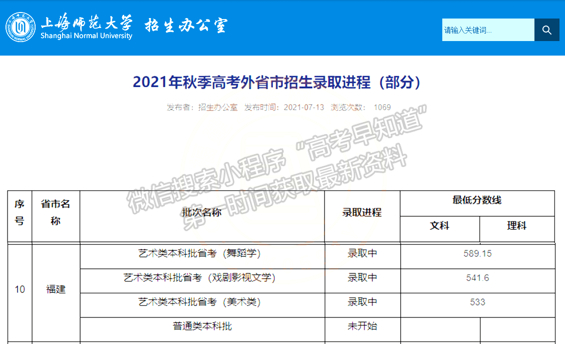 2021年福建高招藝術(shù)本科批出檔線公布（更新中）