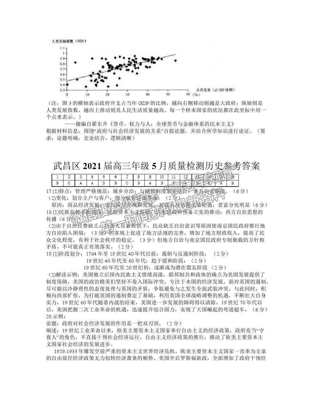 2021湖北省武漢市武昌區(qū)高三5月質(zhì)檢歷史試卷及答案