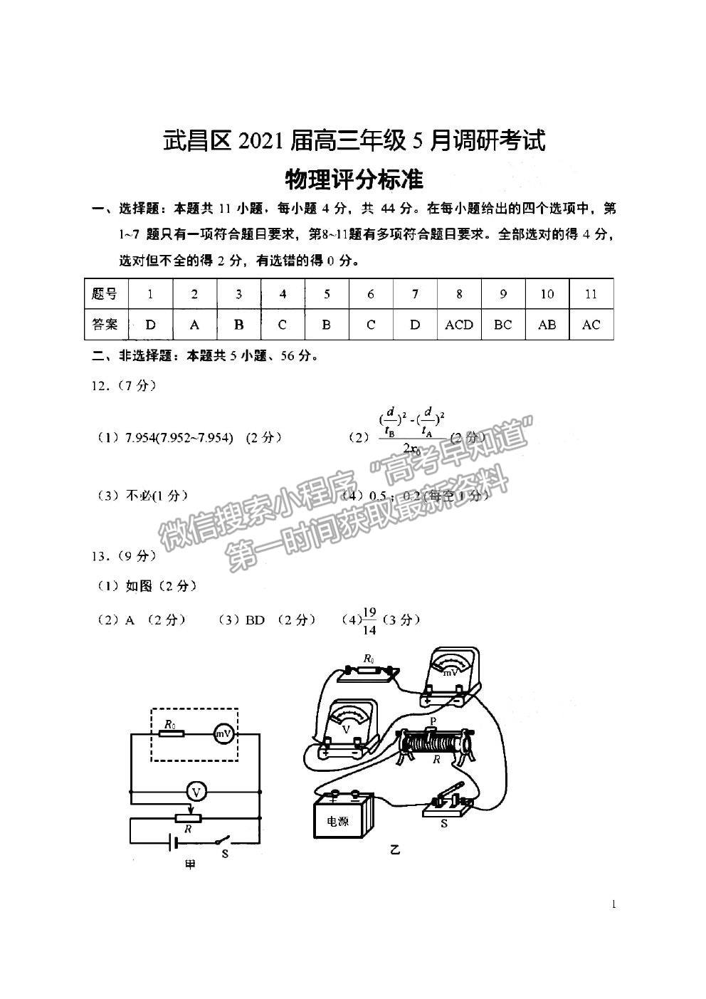 2021湖北省武漢市武昌區(qū)高三5月質(zhì)檢物理試卷及答案