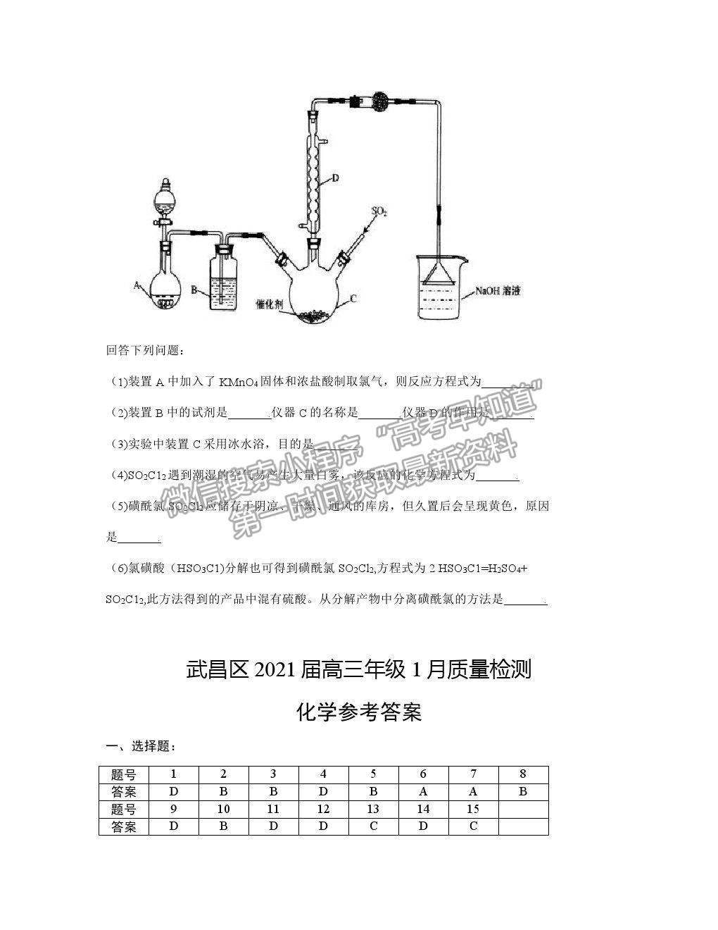 2021湖北省武漢市武昌區(qū)高三1月質(zhì)檢化學(xué)試卷及答案