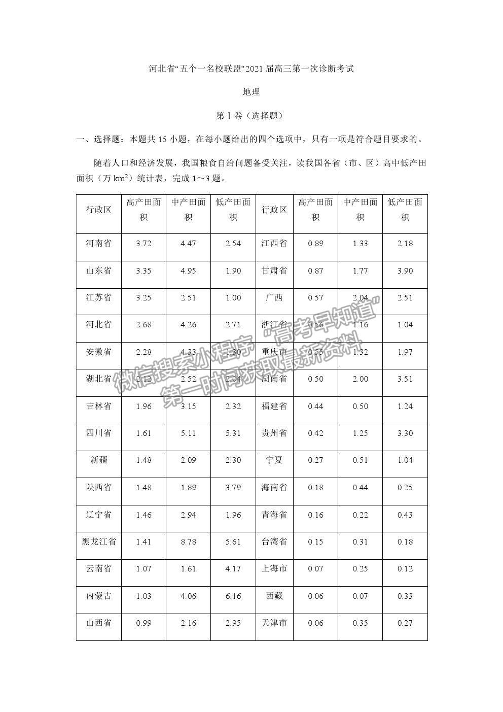 2021河北“五個(gè)一名校聯(lián)盟”高三一診地理試題及參考答案