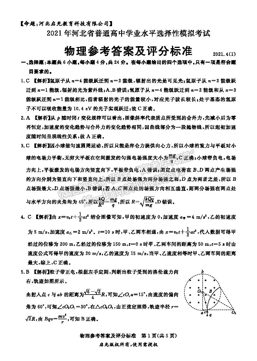 2021張家口二模物理試題及參考答案