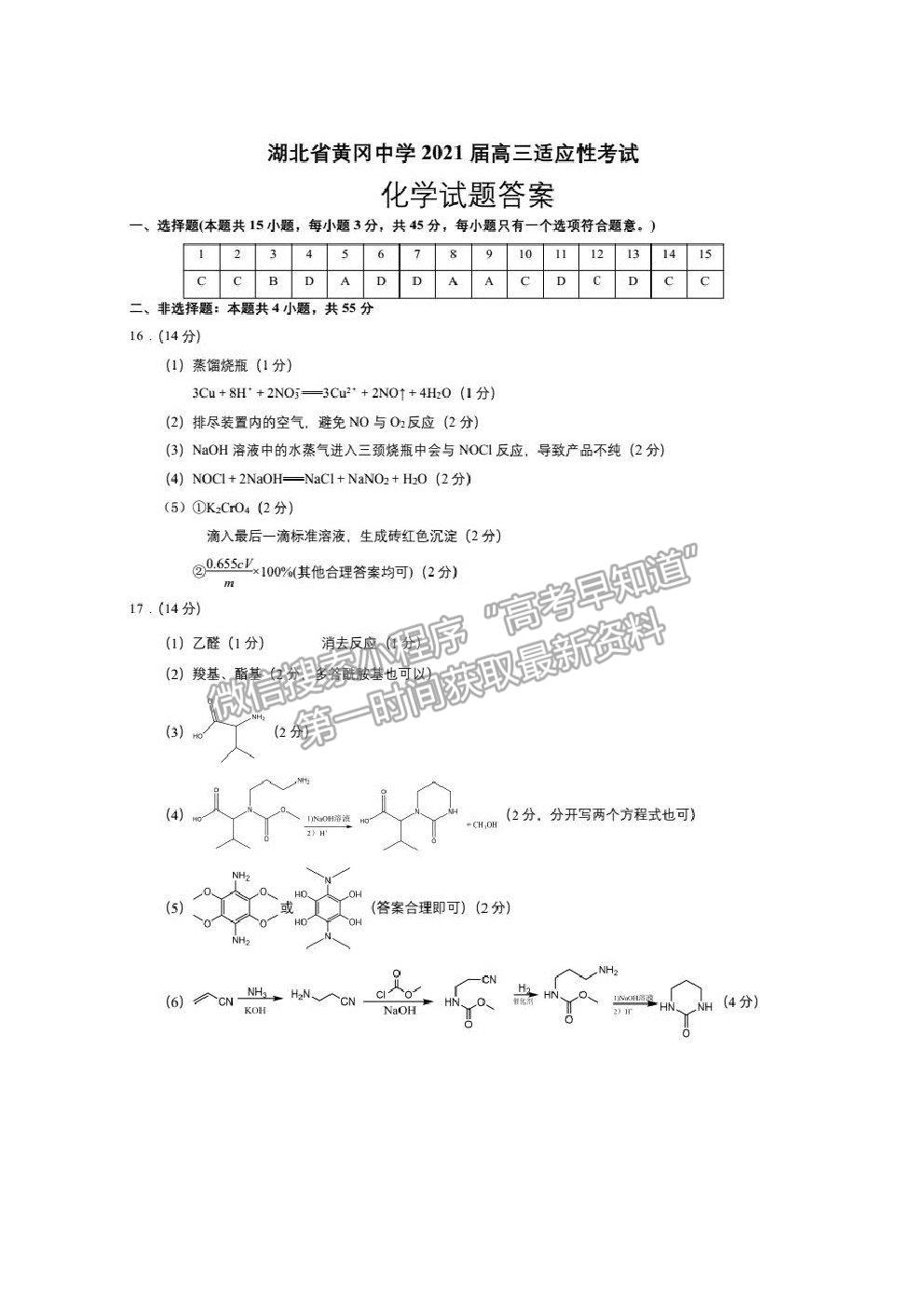 2021湖北省黃岡中學(xué)高三適應(yīng)性考試化學(xué)試題及參考答案