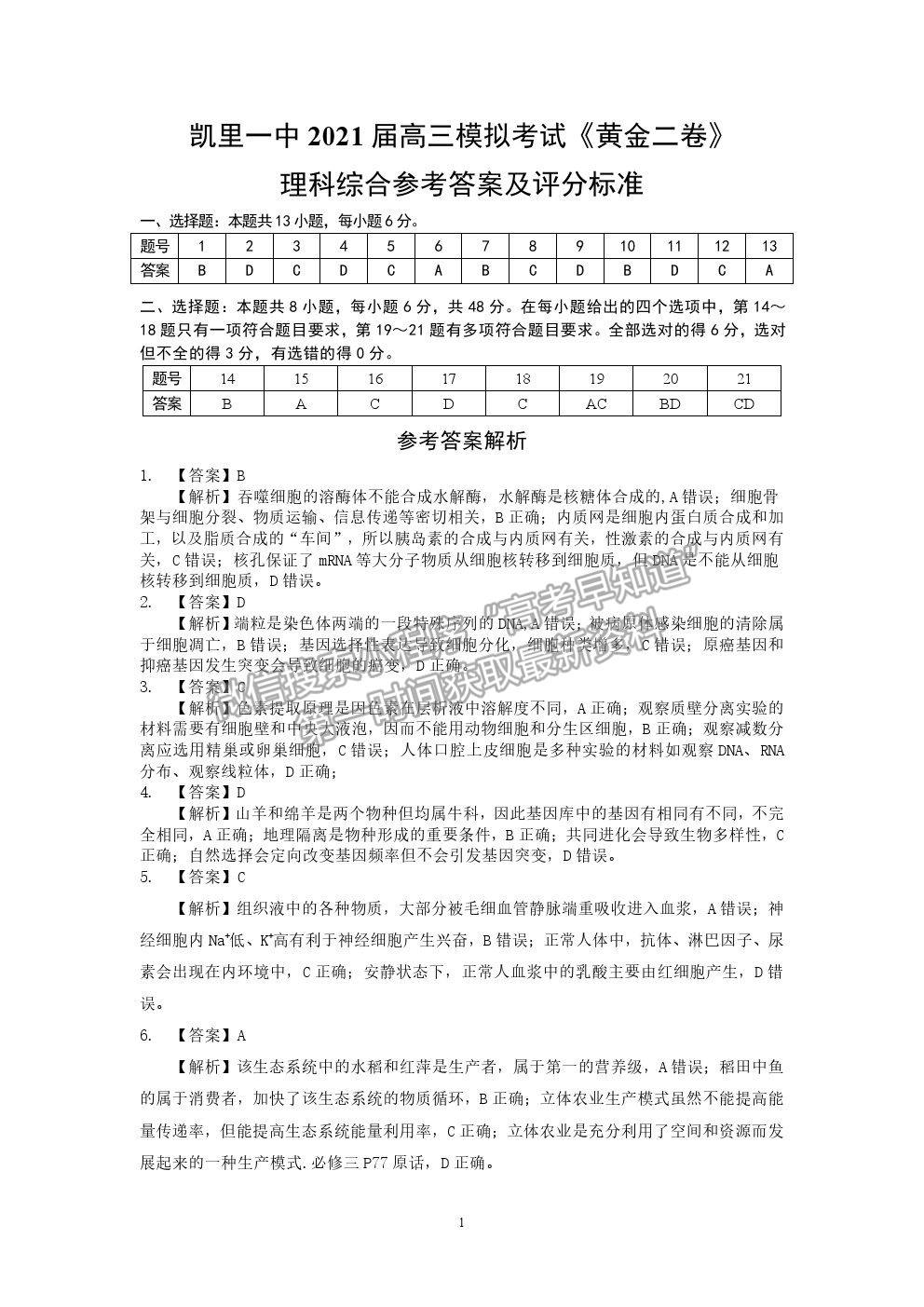 2021貴州省凱里一中高三模擬考試《黃金二卷》理綜試題及參考答案