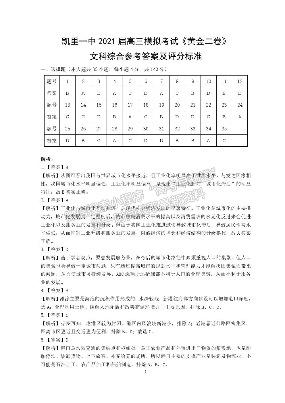 2021貴州省凱里一中高三模擬考試《黃金二卷》文綜試題及參考答案