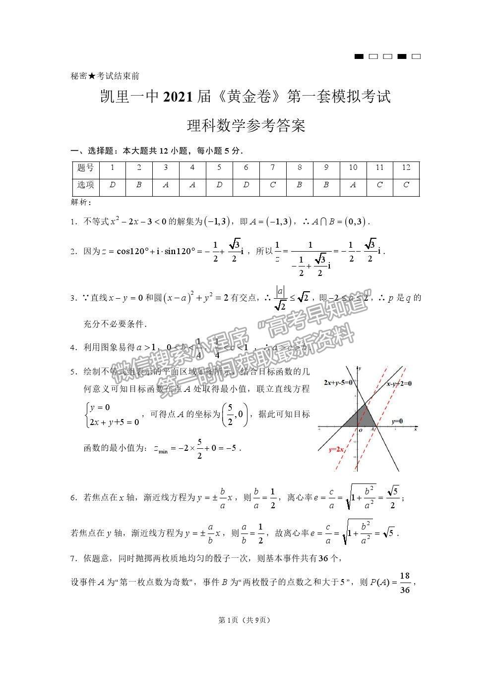 2021貴州省凱里一中高三模擬考試《黃金一卷》理數(shù)試題及參考答案