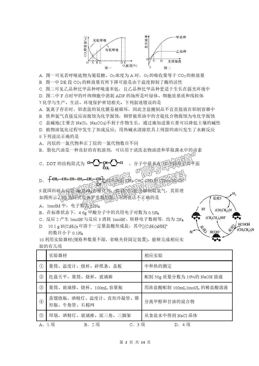 2021四川省內江六中高三6月仿真考試理綜試題及參考答案